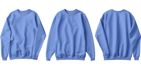 blue sweatshirt front and back mockup template, isolated on a white background, in a flat lay view