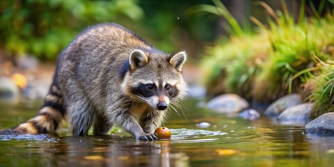 Naklejka na ściany i meble Raccoon washing food in stream in North America , North American, raccoon, Procyon lotor, washing, food, water, brook, stream