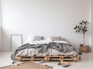 Minimalist bedroom interior with pallet bed. Cozy and comfortable space with neutral colors. DIY furniture.