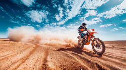 Action Shot of Dirt Bike Riding in Desert Landscape