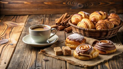 Traditional pastries displayed on a rustic table with a cup of coffee, pastries, traditional, rustic table, coffee