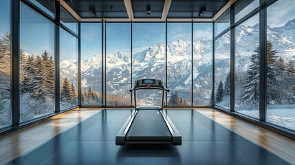 Modern Gym with Scenic Mountain View in Winter