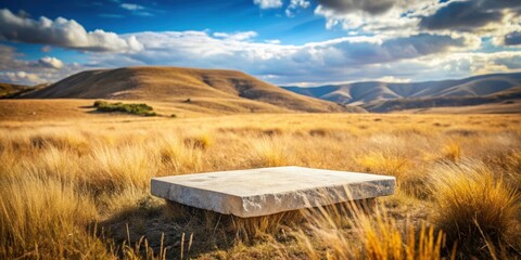 Stone podium on dry grassland in a valley setting for product display mockup, render, platform