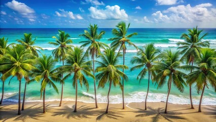 Obraz premium Beach with rows of palm trees swaying in the wind, turquoise sea waves , beach, palm trees, sea, waves, tropical, paradise, vacation