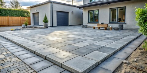 Gray concrete paving stones being laid in a house courtyard , home improvement, construction