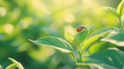 A ladybug perched on a green leaf, surrounded by soft sunlight and foliage.