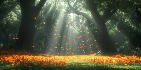 Sunlight streams through the canopy of a dense forest, illuminating a carpet of orange wildflowers in a breathtaking display of natural beauty
