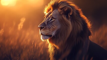 Naklejka premium A majestic lion gazes into the distance, illuminated by a warm sunset glow.