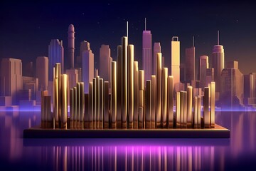 A digital skyline with golden structures resembling sound waves, set against a city backdrop.