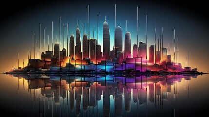 Fototapeta premium A vibrant city skyline with colorful lights reflecting in water at sunset.
