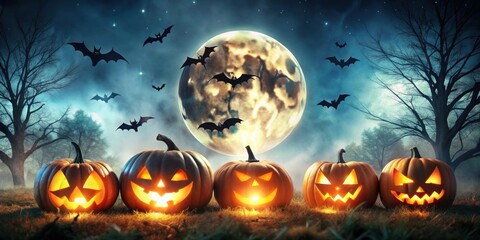 Spooky Halloween background with jack-o-lanterns, bats, and full moon , Halloween, background, spooky, jack-o-lanterns