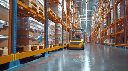 A fully automated warehouse with self-driving vehicles moving pallets, showcasing advanced logistics and automation