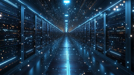 futuristic corridor in a working data center filled with rows of servers and illuminated by cool-toned lights, symbolizing technology, data processing, digital connectivity, and information flow