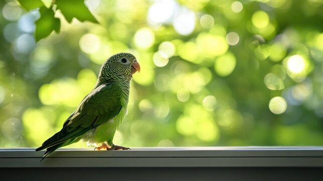 A vibrant green parakeet perched on a windowsill with a blurred natural background.