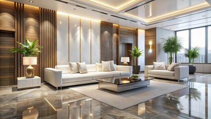 Fototapeta premium Modern hotel lobby with sleek white couch and contemporary decor, hotel, lobby, modern, couch, white