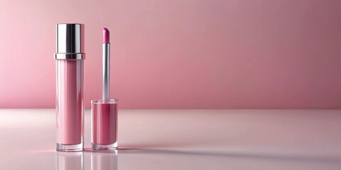 Liquid lip gloss pack placed on pink background with hard light shadow , makeup, beauty, cosmetics, lip gloss, packaging, shiny