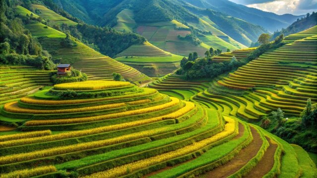 Rice terraces cascading down mountainside in Mu Cang Chai, Vietnam, Vietnam, landscape, terraced, rice fields, Mu Cang Chai