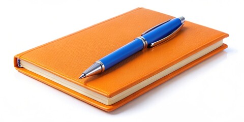 Orange diary and blue pen isolated on white background, orange, diary, blue, pen, isolated