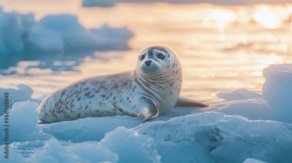 Aufkleber a seal resting on ice with a serene background of water and soft light.