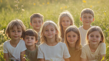 Happy children in a summer park. Outdoor group portrait of happy friends in a sunny green park. Seven kids sitting and standing on a green meadow, looking at the camera and smiling. Banner background 
