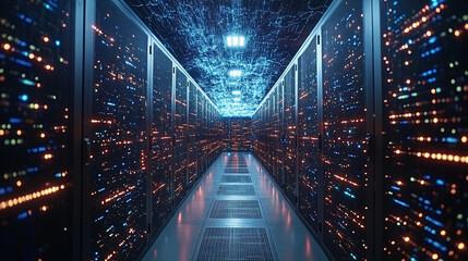 futuristic corridor in a working data center filled with rows of servers and illuminated by cool-toned lights, symbolizing technology, data processing, digital connectivity, and information flow