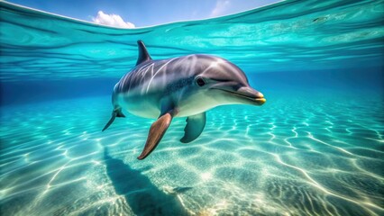 Fototapeta premium Playful and intelligent dolphin swimming in turquoise waters, ocean, marine life, playful, intelligent, aquatic, mammal, dolphin