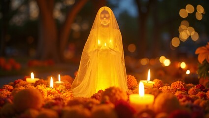 Spirit of a Loved One Returning, A symbolic, dream-like image of a translucent spirit of a loved one, surrounded by marigolds and candlelight, visiting their family’s ofrenda.