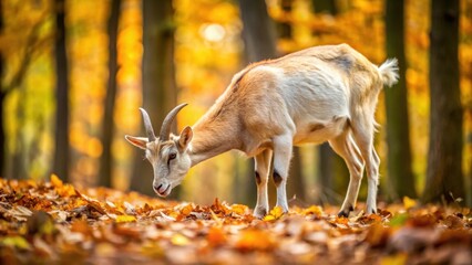 Beige goat peacefully foraging on autumn leaves in the forest, goat, beige, autumn, forest, leaves, chewing, foraging, peaceful