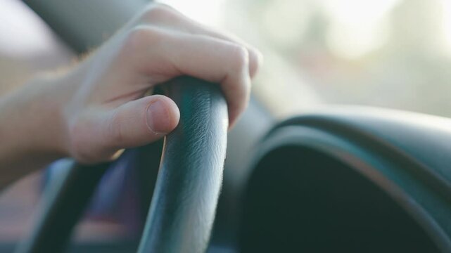 Driver Stress Amplified: Extreme Close-up of Agitated Thumb on Steering Wheel | Silent Scream of Rush Hour Frustration | Fingertip Reveals Commuter's Inner Turmoil