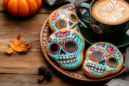Cookies for Mexico's Day of the Dead (El Dia de Muertos), cup of coffee and nuts on wooden background