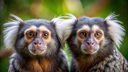 Fototapeta premium Two curious marmosets looking directly at the camera , marmoset, animal, curious, primate, jungle, wildlife, tropical, cute