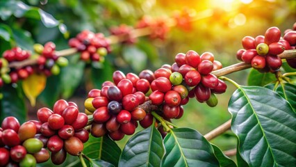 Obraz premium Branch of coffee tree with ripe coffee fruits , coffee, tree, branch, harvest, agriculture, farm, plant, organic, beans