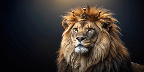 Majestic lion wearing a golden crown posing against a dark background, lion, majestic, king of the jungle, regal, crown, golden