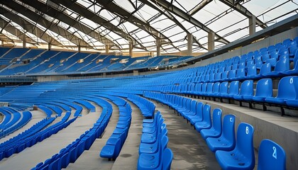 Colorful numbered steps leading through vibrant blue seating in an energetic sports stadium