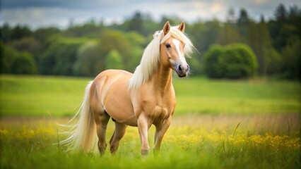 Fototapeta premium Beautiful palomino pony standing in a green field, palomino, pony, horse, equine, livestock, farm, animal, brown, mane