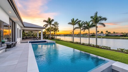Fototapeta premium A tranquil evening view of a modern home with a pool beside a calm lake at sunset.