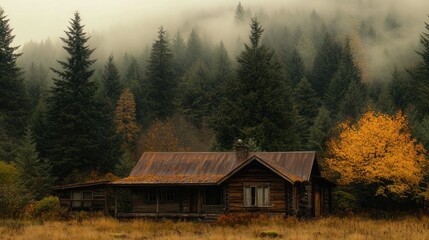 A rustic cabin surrounded by dense trees and autumn foliage in a misty landscape.
