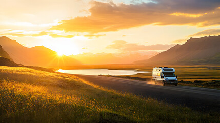 Camper van driving on the road at sunset