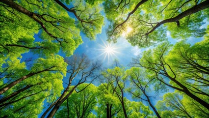 Fototapeta premium Tree canopies framing the sunny sky , nature, trees, canopy, sunlight, above, sky, branches, foliage, bright, outdoor