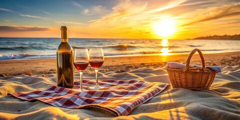 Obraz premium A bottle of wine, two glasses, and a picnic blanket on the sandy beach at sunset, wine, beach, picnic, relaxation, romantic, love