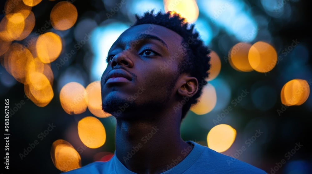 Poster A contemplative young man gazes upward amidst a blurred, colorful background.