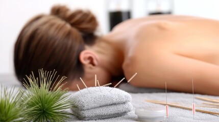 Holistic wellness: ancient practice of acupuncture, delicate placement of needles on the human body, emphasizing balance, healing, and the therapeutic benefits of this traditional method.