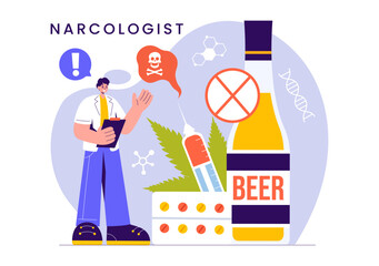 Narcologist Vector Illustration Featuring a Doctor, Drug Addiction Awareness, and Alcohol and Tobacco Issues in Healthcare in a Flat Background