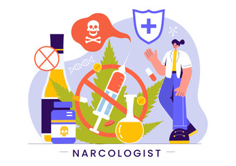 Narcologist Vector Illustration Featuring a Doctor, Drug Addiction Awareness, and Alcohol and Tobacco Issues in Healthcare in a Flat Background