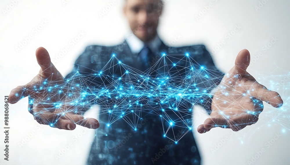 Fototapete Businessperson Gesturing Over Digital Screen with Network Connections and Data Streams on White Background