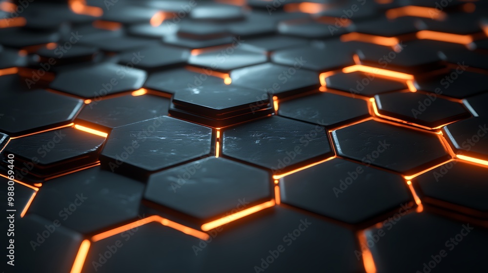 Poster abstract hexagonal pattern with orange glowing lines