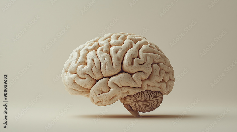 Poster human brain anatomy: a detailed, isolated image of the human brain, rendered in a neutral, beige col