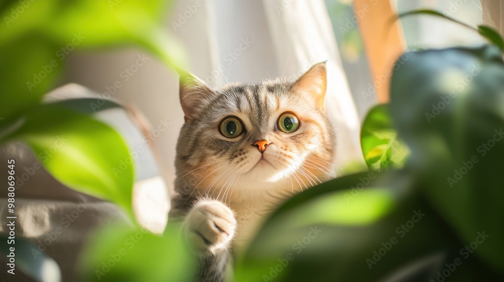 Sticker A curious cat peeking through lush green plants in a sunlit room.