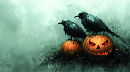 Halloween-themed background featuring an empty, shadowy space ideal for adding text or captions. The spooky atmosphere is enhanced by subtle fog and haunting silhouettes in the distance