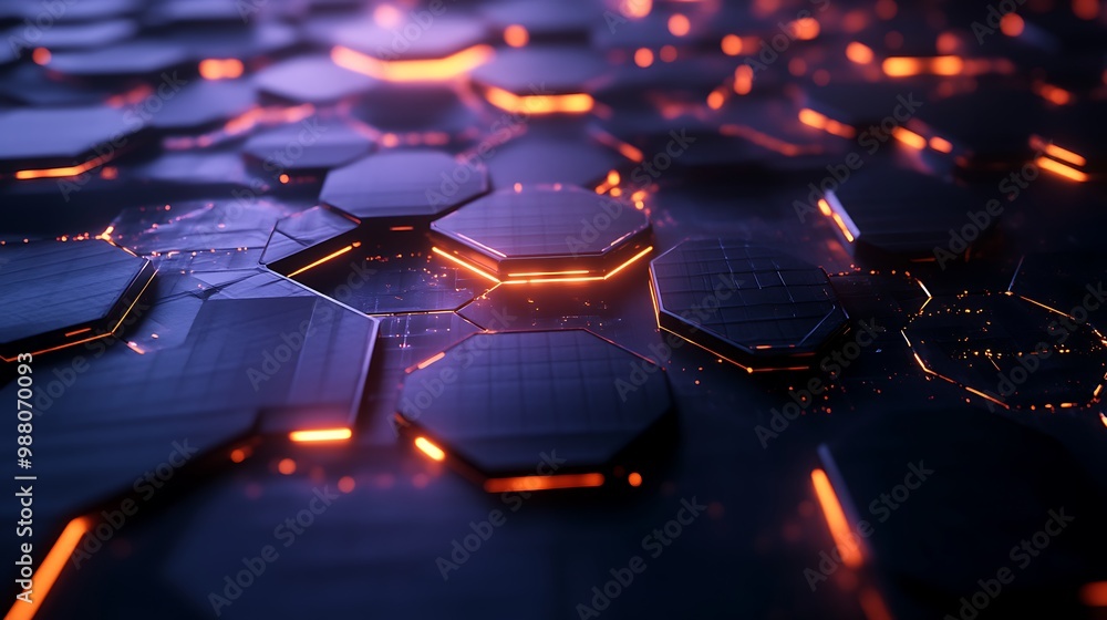 Poster abstract hexagonal pattern with glowing orange lines